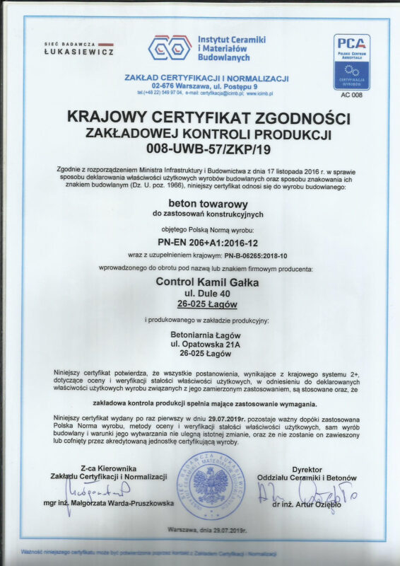 Certyfikat beton towarowy
